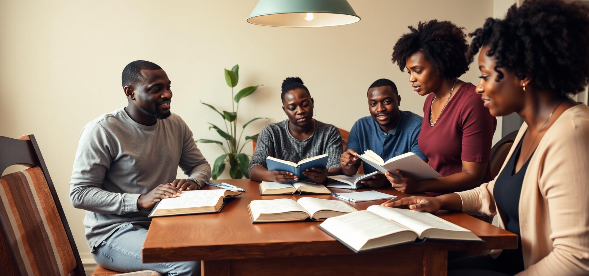 Four adults gathered around a wooden table with Bibles and journals for a discipleship study.