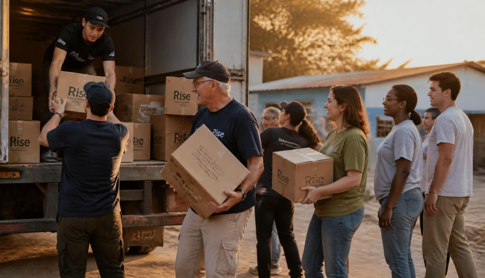 Volunteers loading humanitarian supplies at sunset.