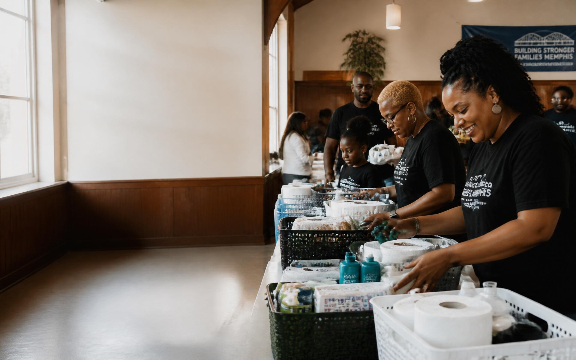 Community volunteers assembling welcome home baskets in a Memphis hall.