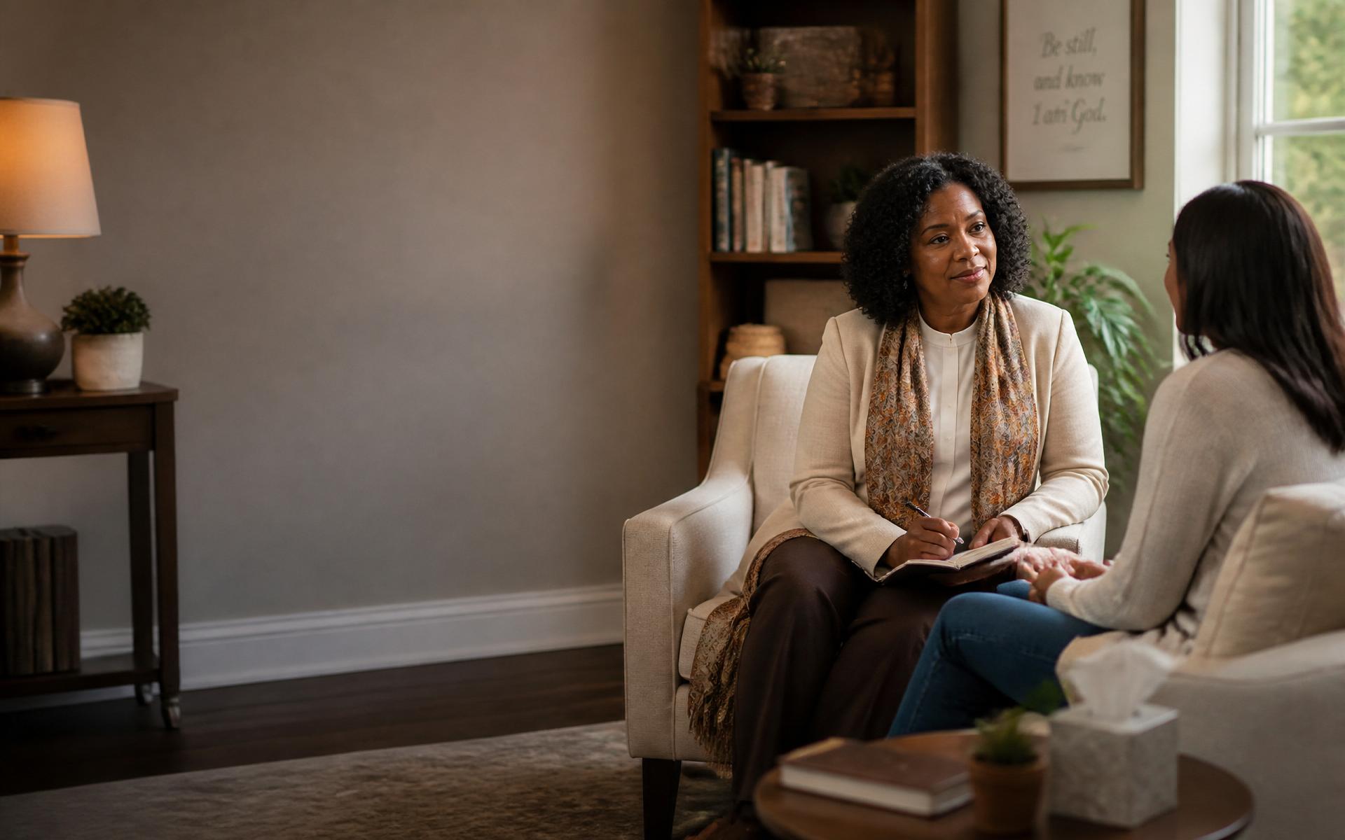 A Christian counselor listening attentively to a client in a warm counseling office.