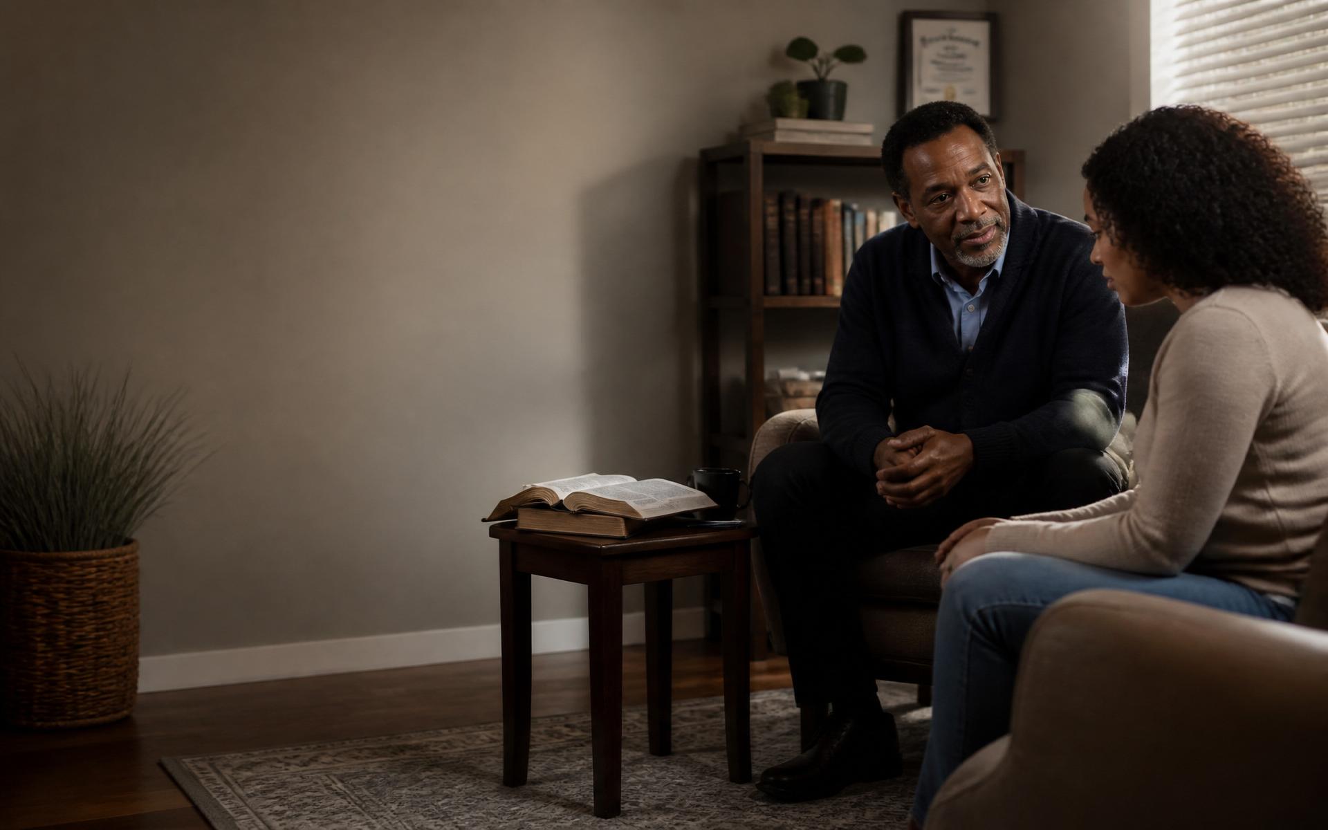 A counselor and client in a reflective conversation with an open Bible nearby.
