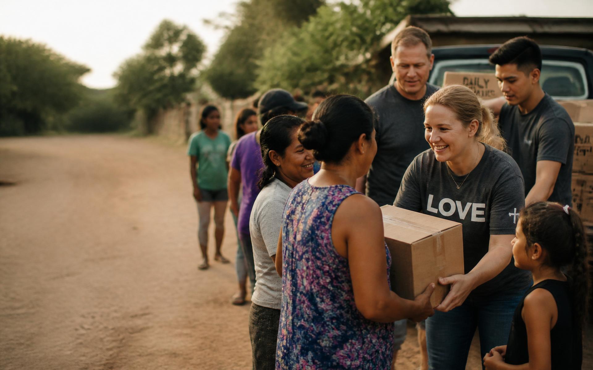 Mission volunteers delivering practical supplies alongside local community members.