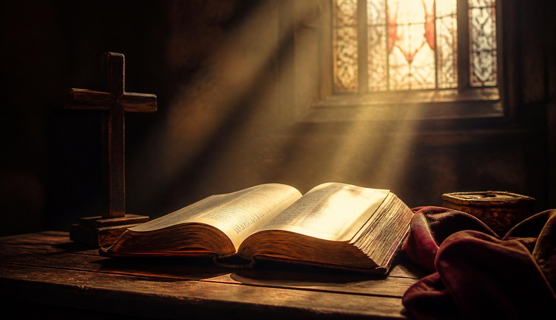 An open Bible beside a simple wooden cross, illuminated by a warm shaft of light through a stained-glass window.