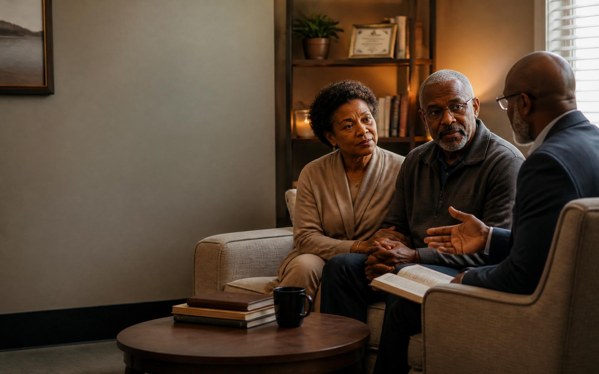 A counselor guides a mature couple through a supportive conversation.