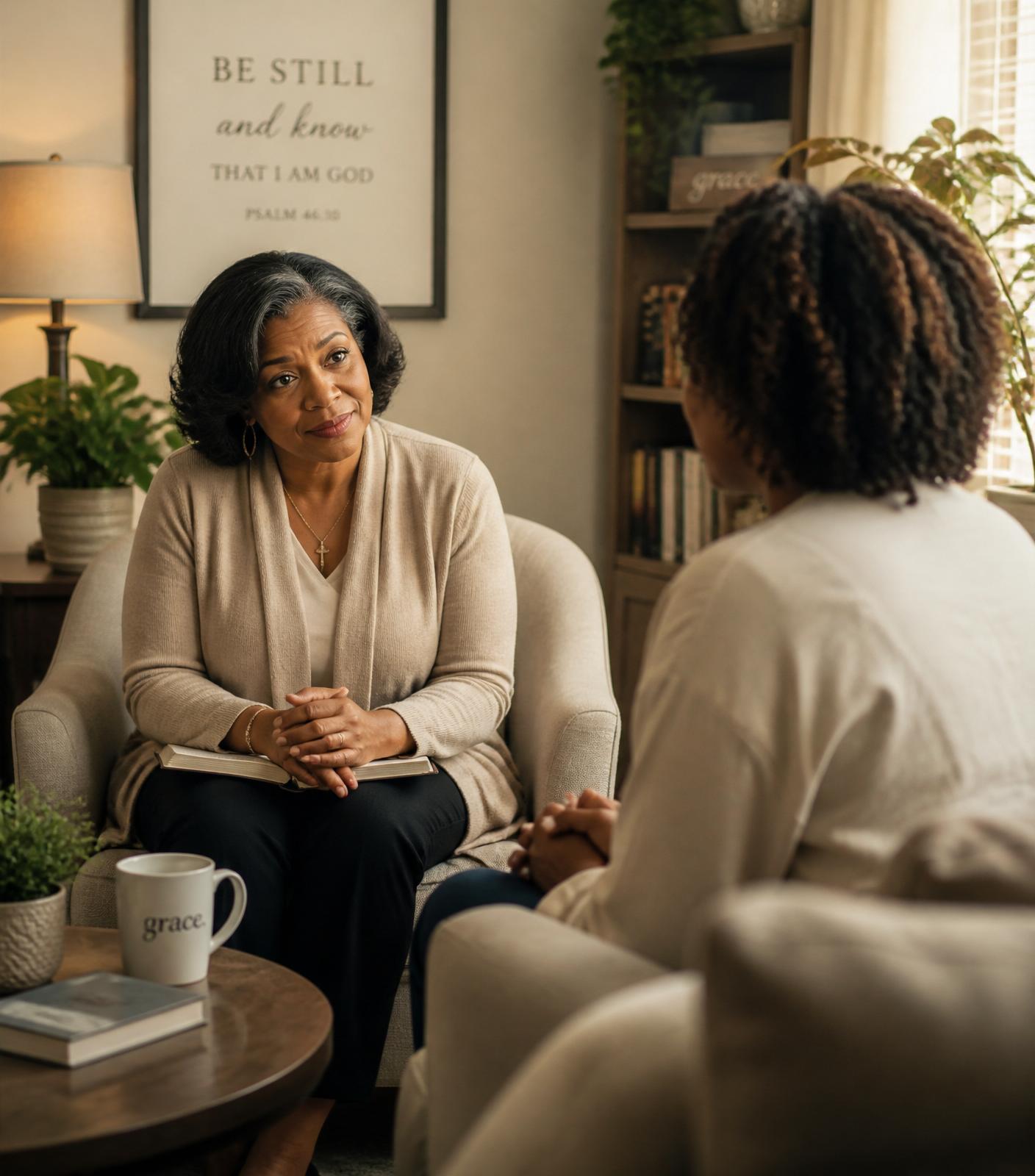 A Christian counselor sits with a client in a warm sunlit office.