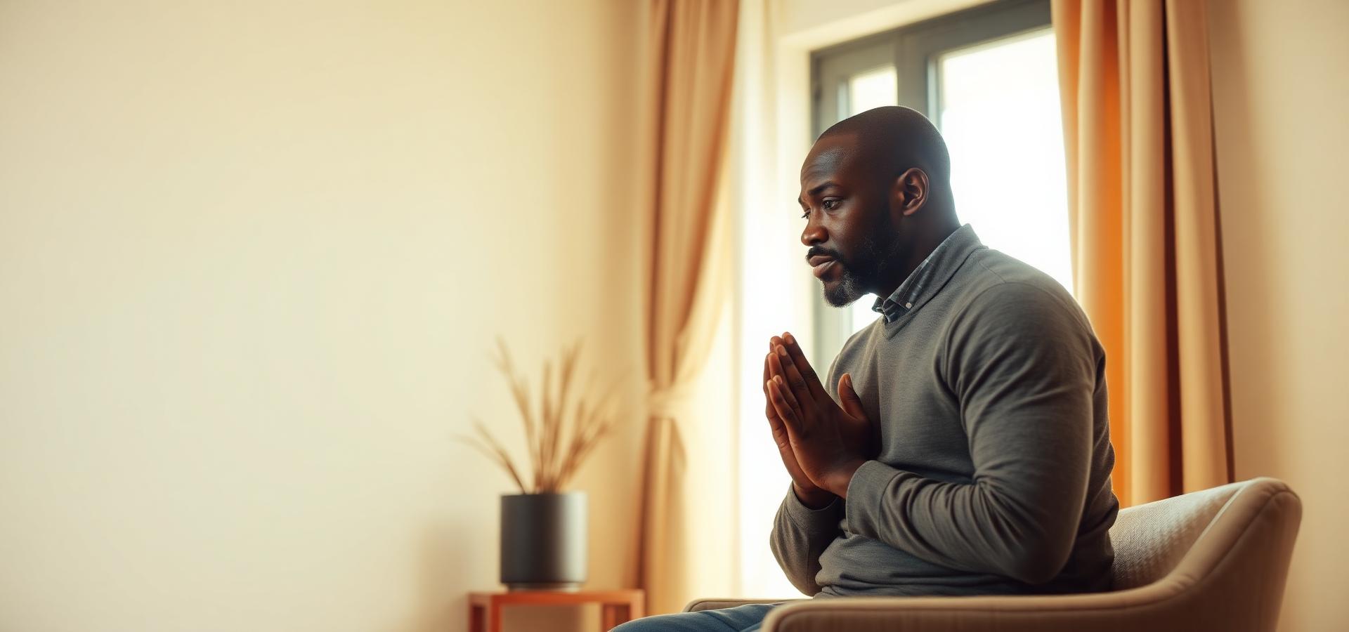A man in quiet, reflective prayer near a curtained window in a warm room.