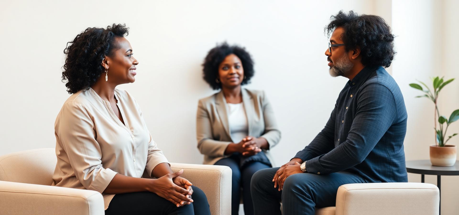 A counselor meets with an adult couple in a bright, calm office.