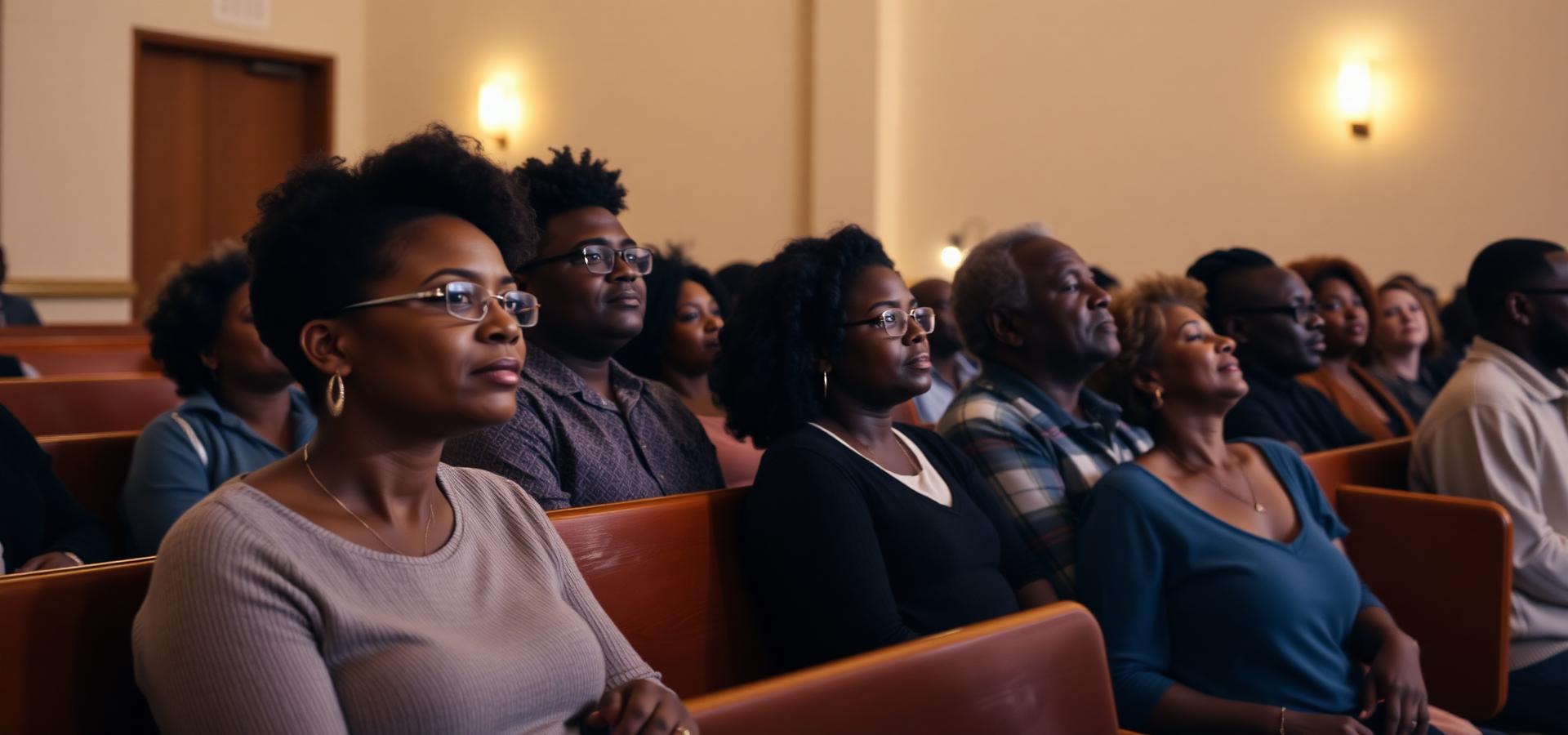 A warm faith-based community gathering seated in a softly lit fellowship hall.